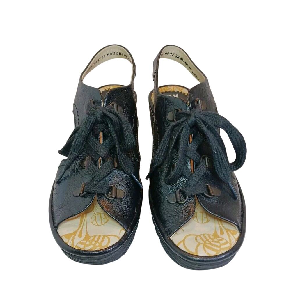 $165 Fly London YLFA Black Leather Platform Wedge Sandals Size 7.5 US 38 EU NEW - Picture 3 of 8